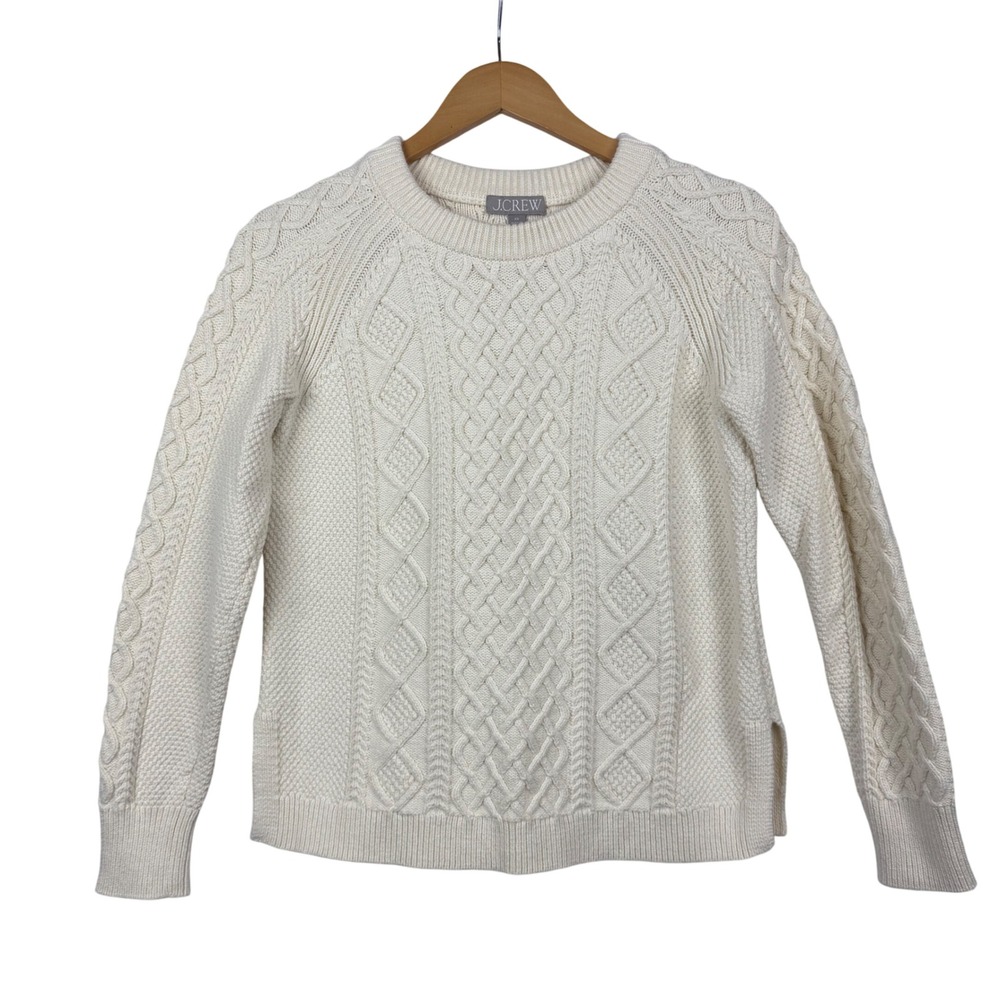 J.Crew Women's Cable Knit Cotton‎ Crewneck Sweater, Ivory Cream, XS Extra Small